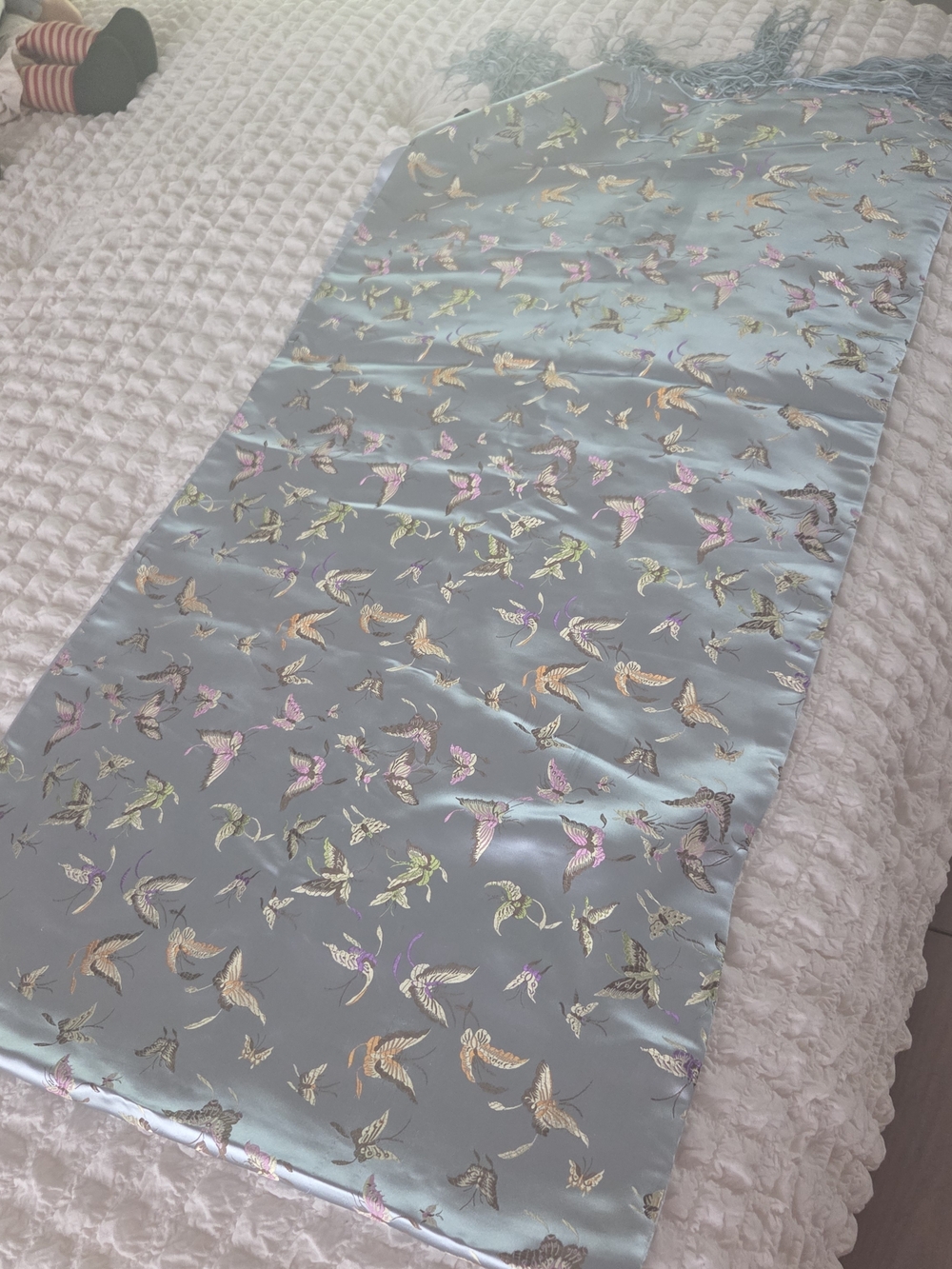 Valerie Stevens Light Blue Satin Scarf with Iridescent Butterfly Accents